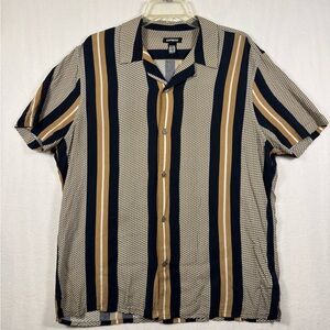 Express Vertical Stripe Short-Sleeve Button-Up Shirt - Navy & Tan
